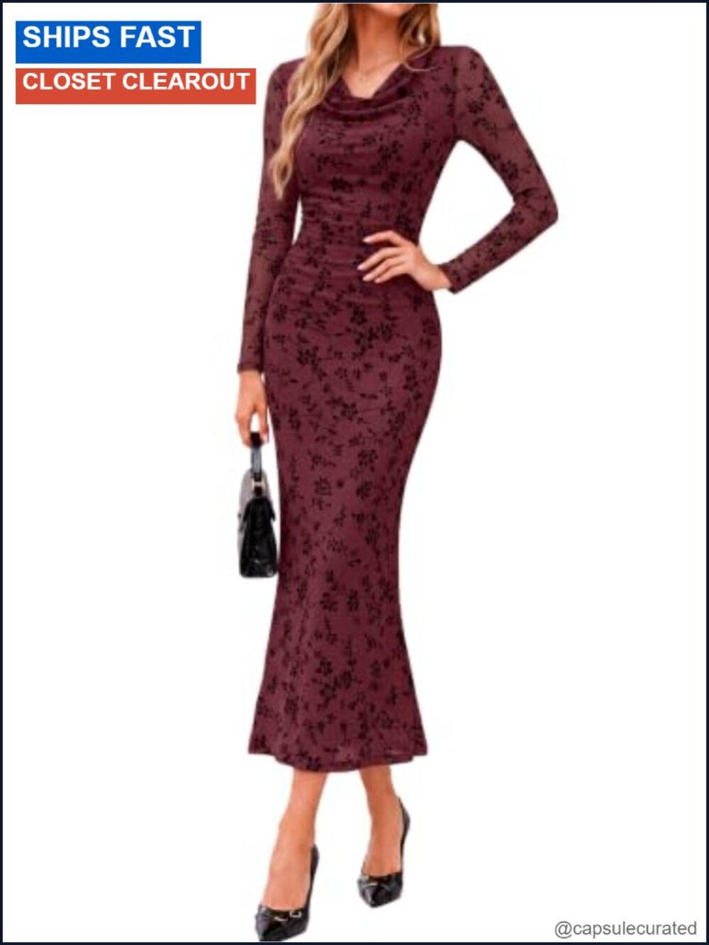 Long Sleeve Floral Bodycon Maxi Dress Cowl Neck Ruched Wedding Guest